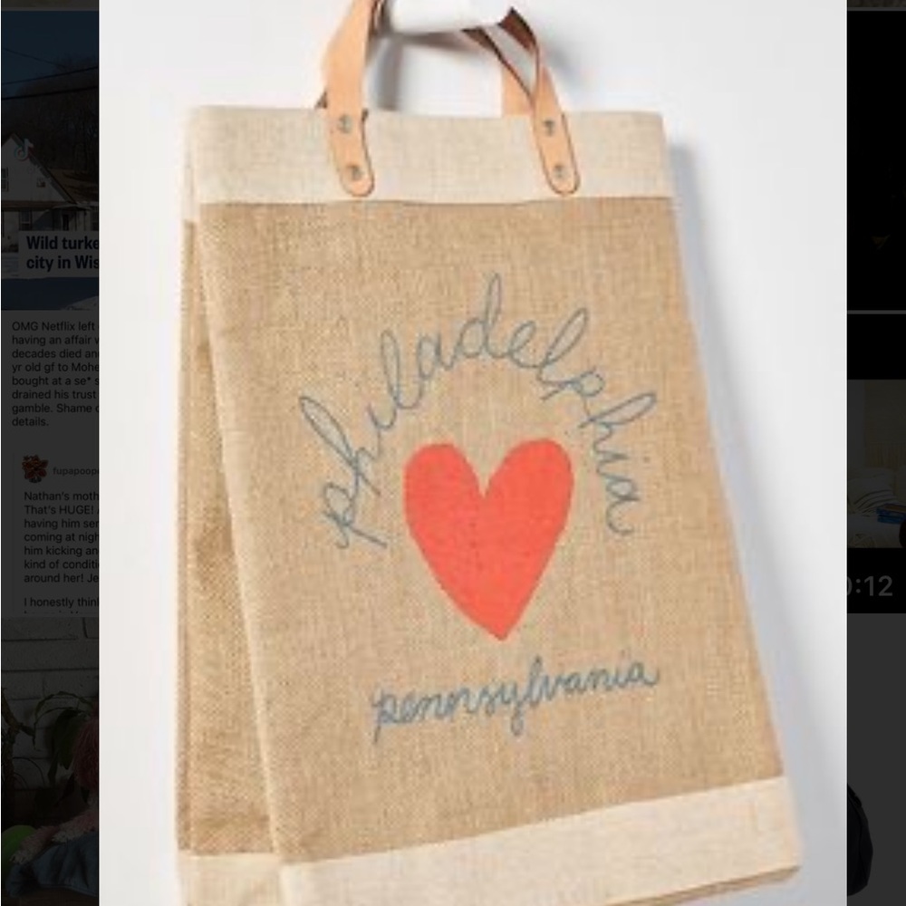 ANTHROPOLGIE Philadelphia Heart Jute Tote Bag